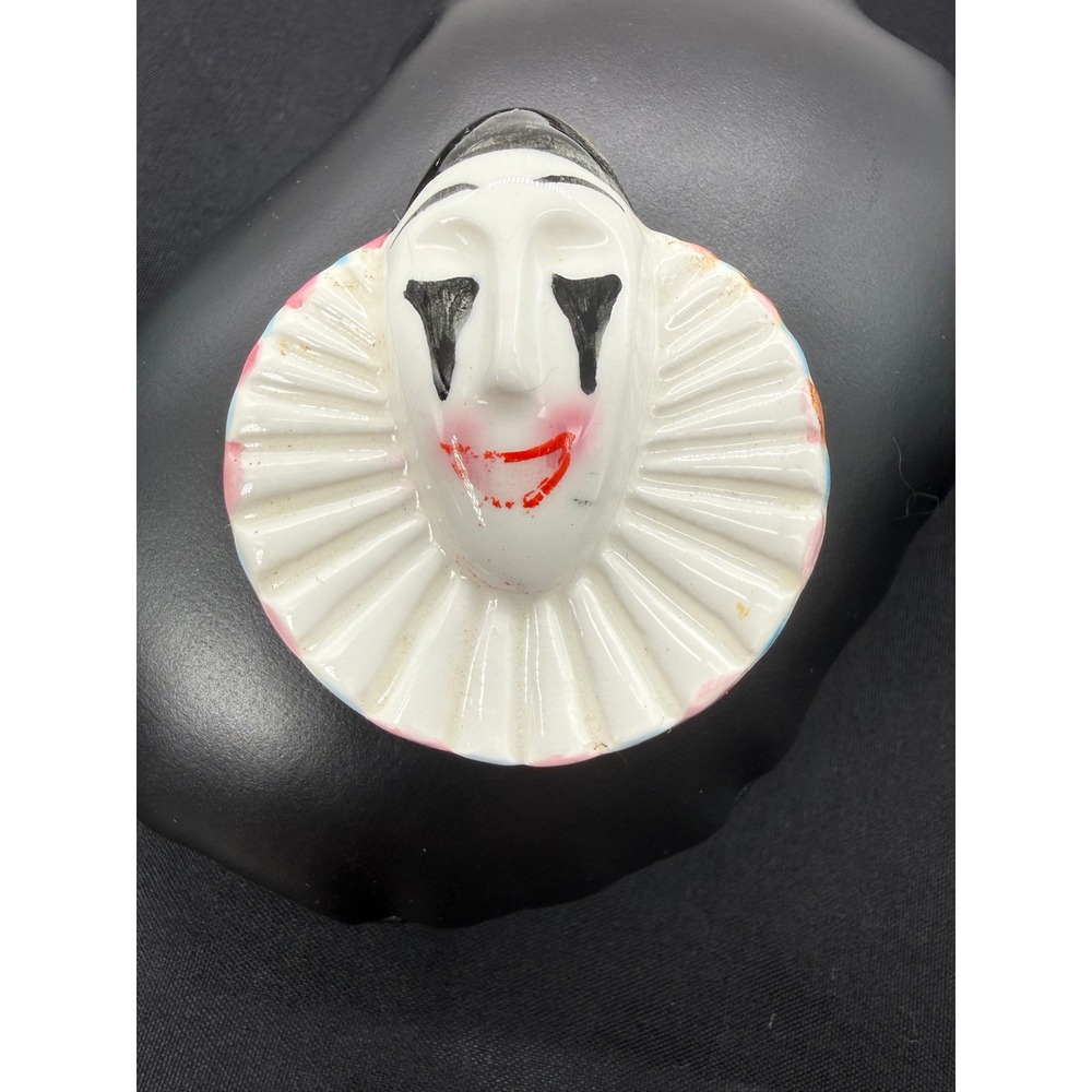 Vintage Ceramic Pierrot Clown Face Brooch White Ruffle Mime Pin Hand Painted